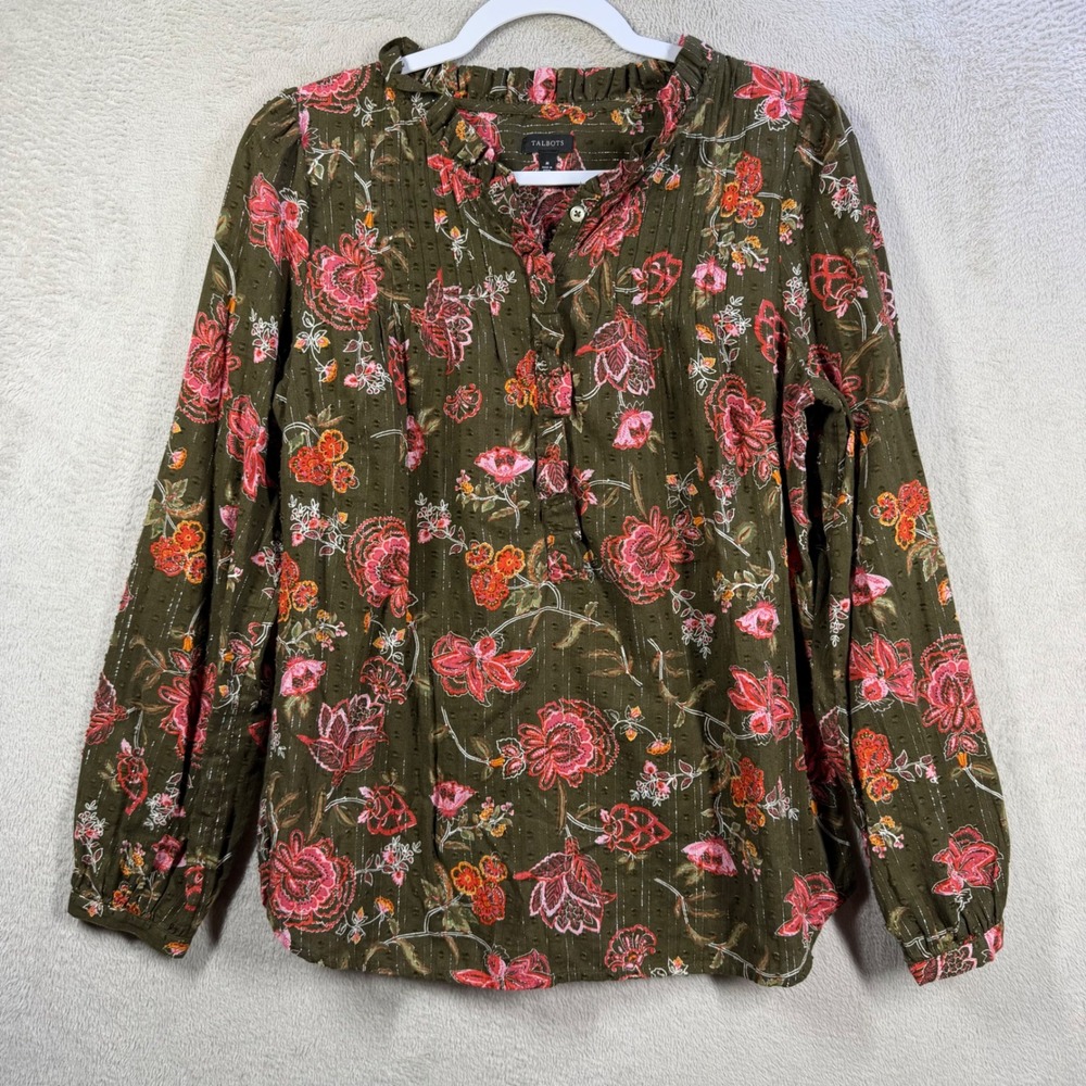 Talbots Floral Popover Blouse Womens M Olive Green Metallic Clip Dot Top